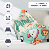 Cute Kawaii Sushi Rice Bowls and Noodles on Mint Background  Personalised Custom Name Super Soft Fleece Blanket Bed Sofa Throw