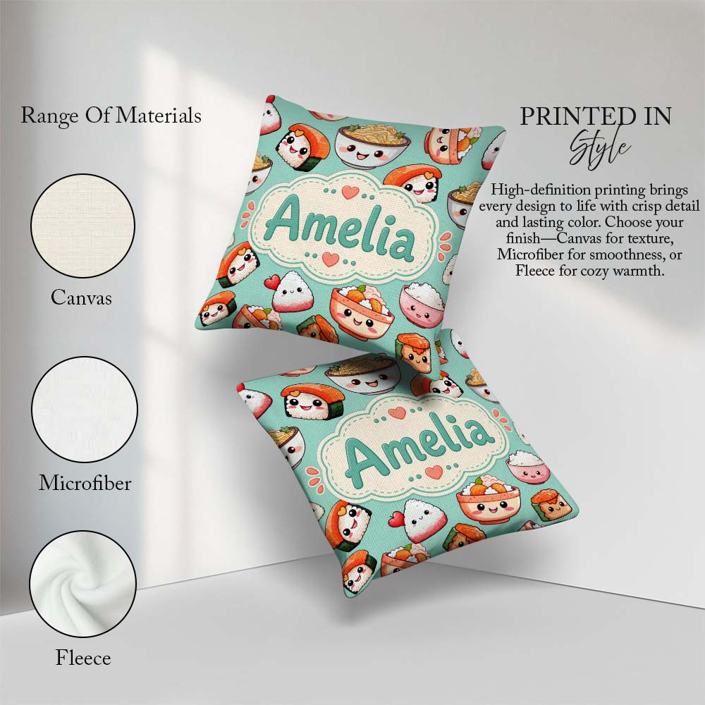 Custom Name Cute Sushi Rice Bowls and Noodles on Mint Background Square Filled Cushion Throw Pillow Sofa Bed Home Decor Zip Washable UK Made