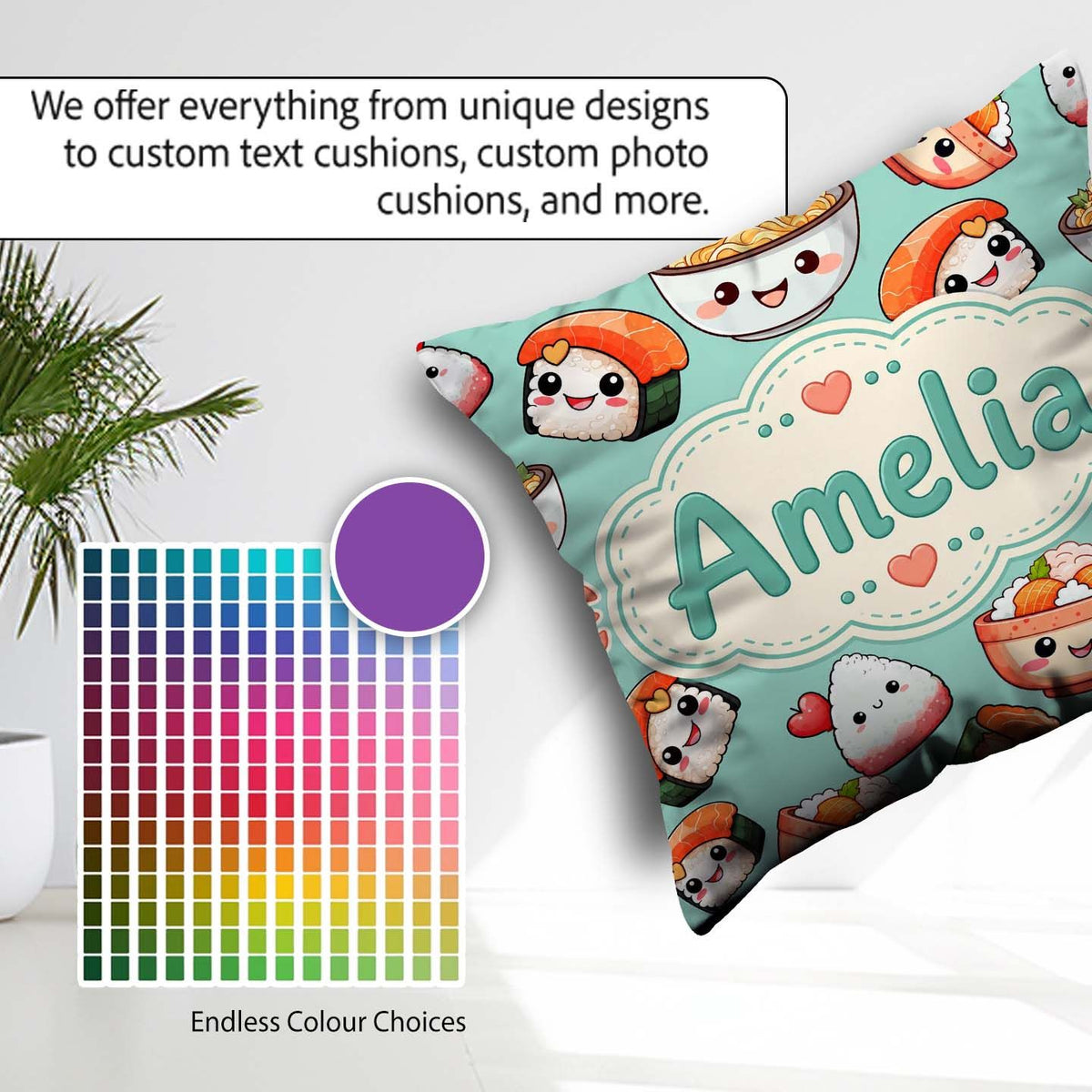 Custom Name Cute Sushi Rice Bowls and Noodles on Mint Background Square Filled Cushion Throw Pillow Sofa Bed Home Decor Zip Washable UK Made