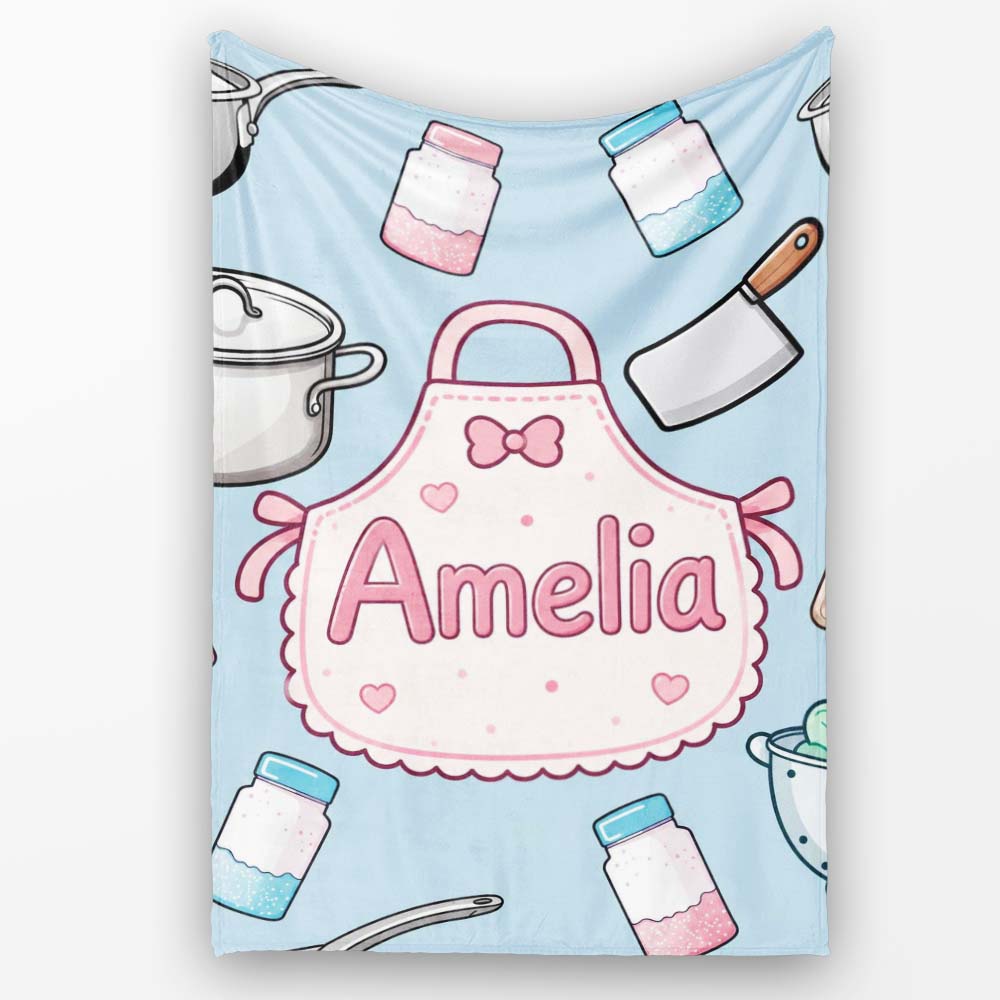 Cute Kawaii  Utensils and Apron on Blue Background Seamless  Personalised Custom Name Super Soft Fleece Blanket Bed Sofa Throw