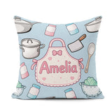 Custom Name Cute Kawaii Utensils and on Blue Background Seamless Square Filled Cushion Throw Pillow Sofa Bed Home Decor Zip Washable UK Made