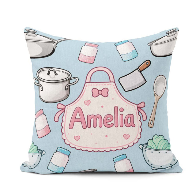 Custom Name Cute Kawaii Utensils and on Blue Background Seamless Square Filled Cushion Throw Pillow Sofa Bed Home Decor Zip Washable UK Made