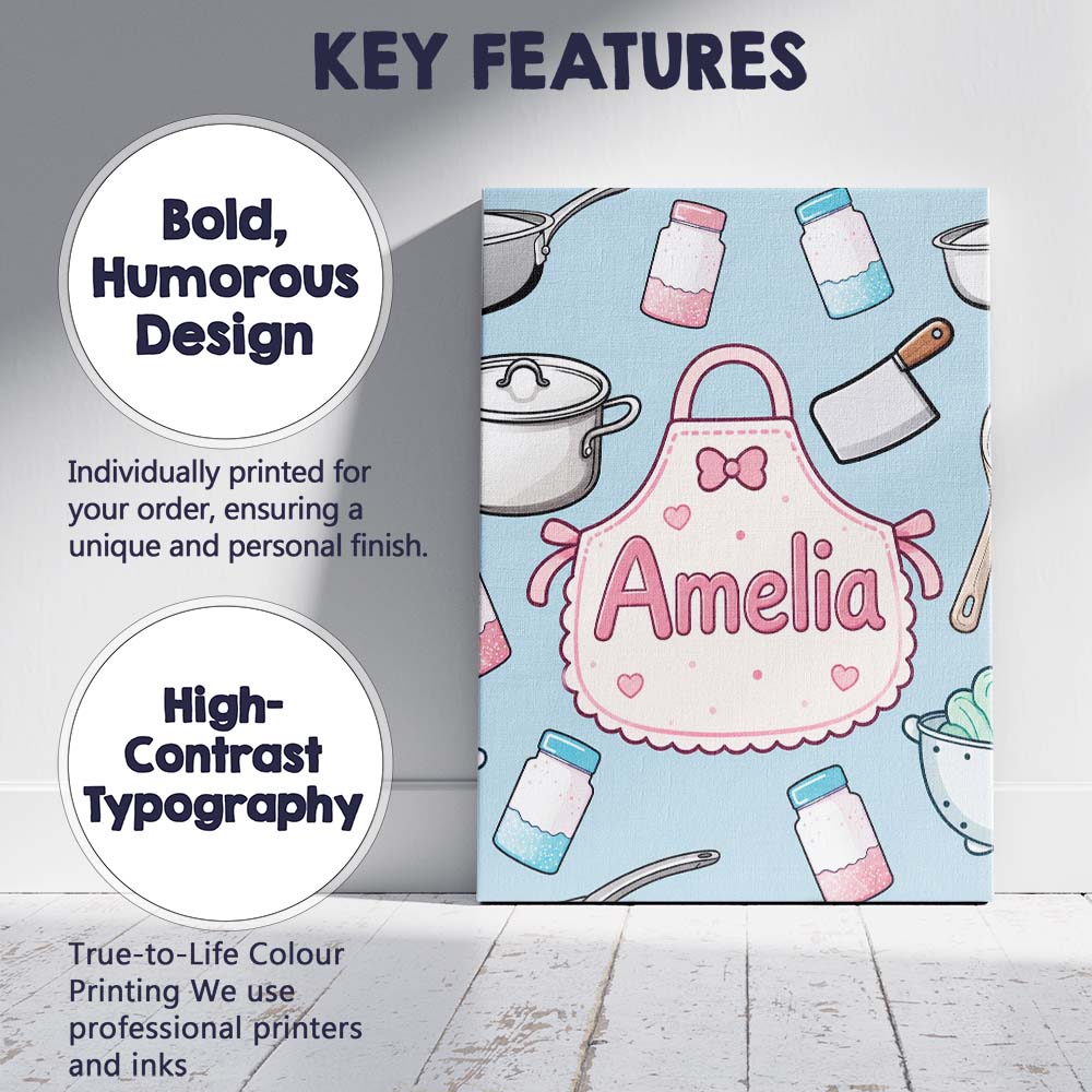 Personalised Name Cute Kawaii Utensils and Custom  Unique Gift Idea Elegant Feature Canvas Wall Art Print Decor Picture Ready to Hang