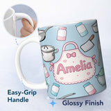 Personalized Custom Name Cute Kawaii Kitchen Utensils and Apron on Blue Background Seamless 11oz Ceramic Coffee Tea Mug White Large Handle