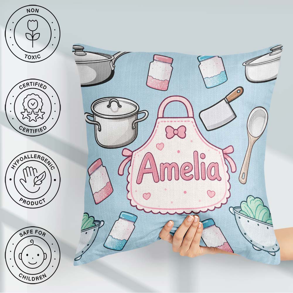 Custom Name Cute Kawaii Utensils and on Blue Background Seamless Square Filled Cushion Throw Pillow Sofa Bed Home Decor Zip Washable UK Made