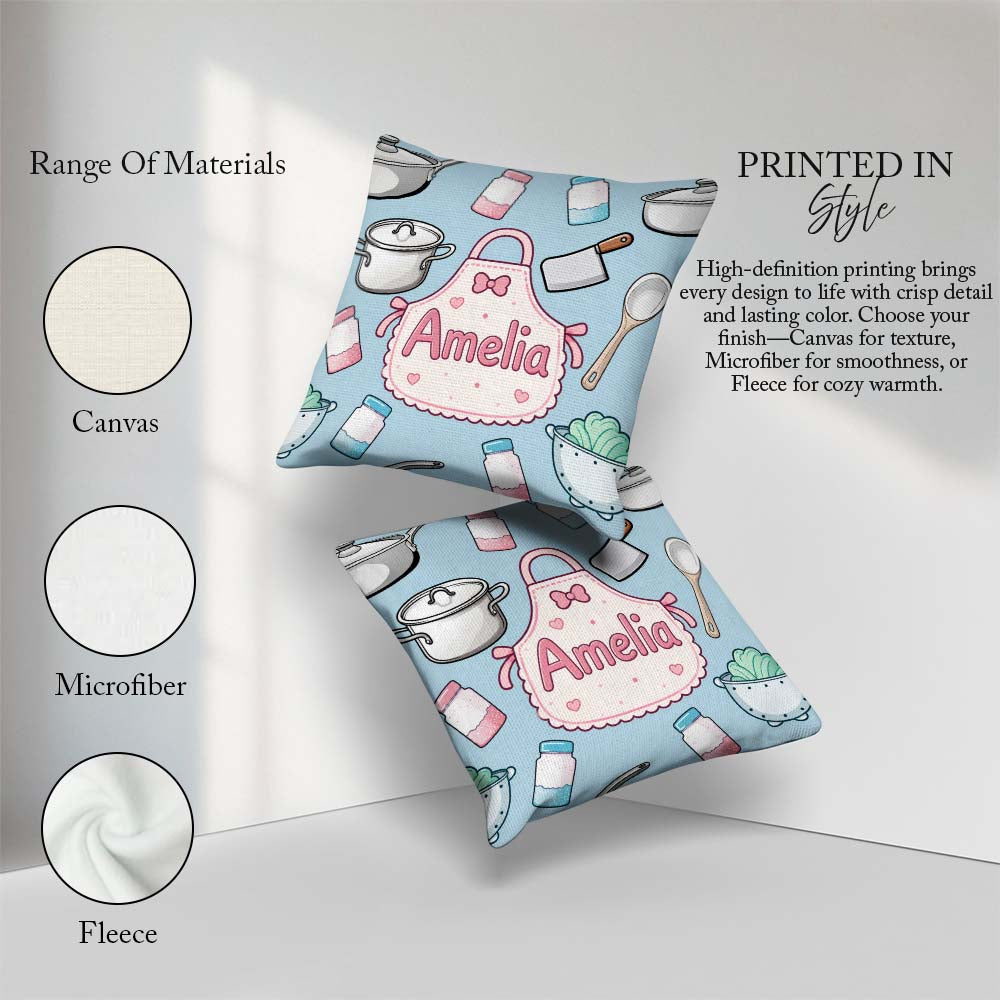 Custom Name Cute Kawaii Utensils and on Blue Background Seamless Square Filled Cushion Throw Pillow Sofa Bed Home Decor Zip Washable UK Made