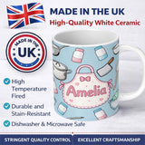 Personalized Custom Name Cute Kawaii Kitchen Utensils and Apron on Blue Background Seamless 11oz Ceramic Coffee Tea Mug White Large Handle