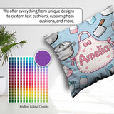 Custom Name Cute Kawaii Utensils and on Blue Background Seamless Square Filled Cushion Throw Pillow Sofa Bed Home Decor Zip Washable UK Made