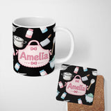 Personalized Custom Name Cute Kawaii Kitchen Utensils and Apron on Black Background Seamless 11oz Ceramic Coffee Tea Mug White Large Handle