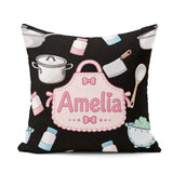Custom Name Cute Utensils and Apron on Black Background Seamless Square Filled Cushion Throw Pillow Sofa Bed Home Decor Zip Washable UK Made