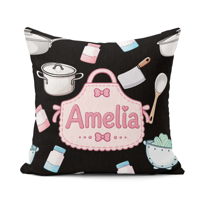 Custom Name Cute Utensils and Apron on Black Background Seamless Square Filled Cushion Throw Pillow Sofa Bed Home Decor Zip Washable UK Made