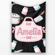 Cute Kawaii  Utensils and Apron on Black Background Seamless  Personalised Custom Name Super Soft Fleece Blanket Bed Sofa Throw
