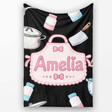 Cute Kawaii  Utensils and Apron on Black Background Seamless  Personalised Custom Name Super Soft Fleece Blanket Bed Sofa Throw