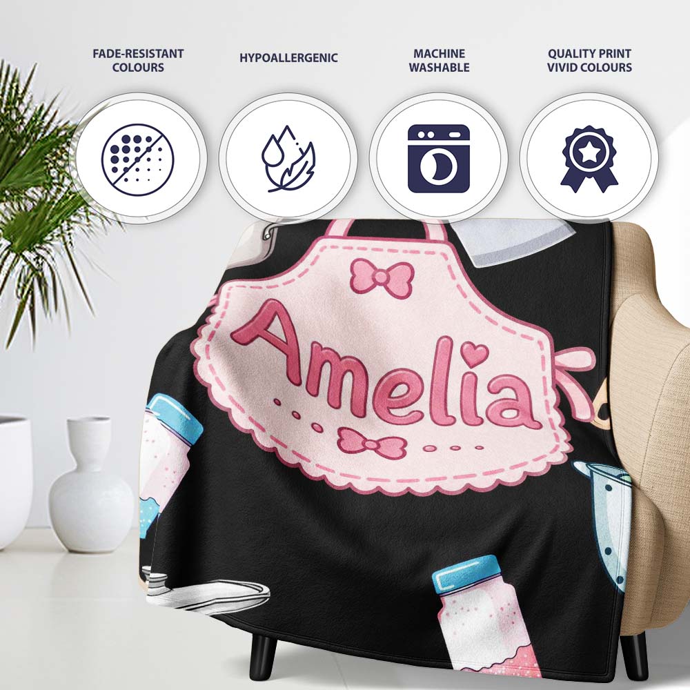 Cute Kawaii  Utensils and Apron on Black Background Seamless  Personalised Custom Name Super Soft Fleece Blanket Bed Sofa Throw
