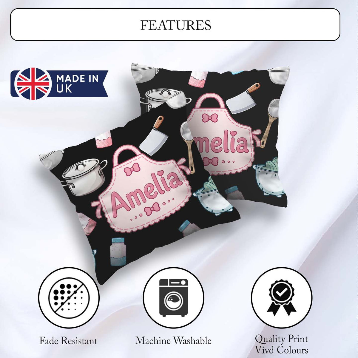 Custom Name Cute Utensils and Apron on Black Background Seamless Square Filled Cushion Throw Pillow Sofa Bed Home Decor Zip Washable UK Made