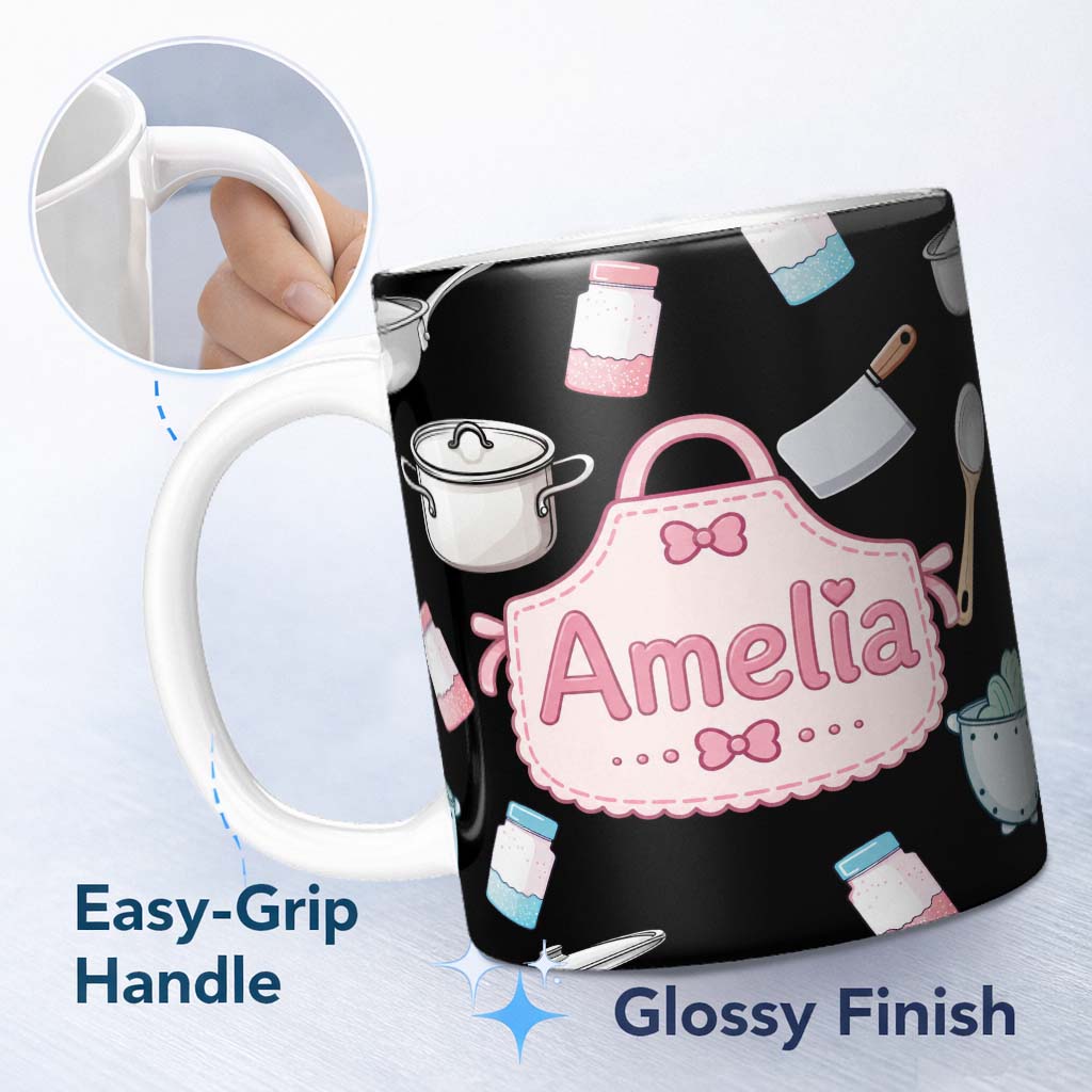 Personalized Custom Name Cute Kawaii Kitchen Utensils and Apron on Black Background Seamless 11oz Ceramic Coffee Tea Mug White Large Handle