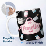 Personalized Custom Name Cute Kawaii Kitchen Utensils and Apron on Black Background Seamless 11oz Ceramic Coffee Tea Mug White Large Handle