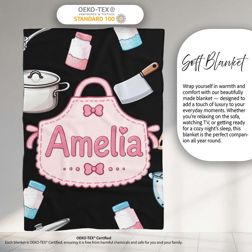 Cute Kawaii  Utensils and Apron on Black Background Seamless  Personalised Custom Name Super Soft Fleece Blanket Bed Sofa Throw