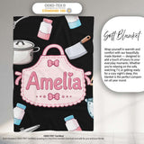 Cute Kawaii  Utensils and Apron on Black Background Seamless  Personalised Custom Name Super Soft Fleece Blanket Bed Sofa Throw