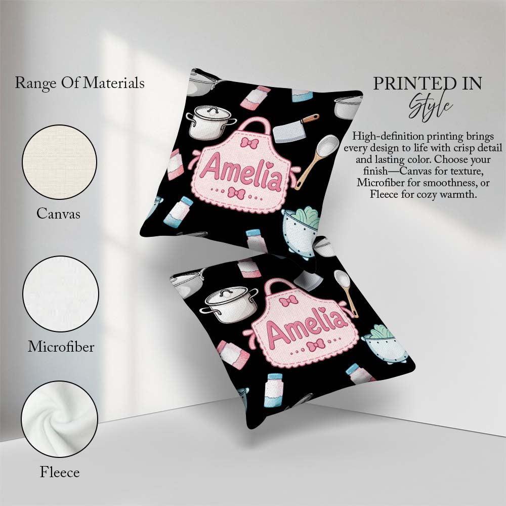 Custom Name Cute Utensils and Apron on Black Background Seamless Square Filled Cushion Throw Pillow Sofa Bed Home Decor Zip Washable UK Made