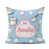 Custom Name Kawaii Utensils Apron on Light Blue Seamless Pattern Square Filled Cushion Throw Pillow Sofa Bed Home Decor Zip Washable UK Made