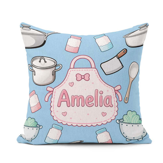 Custom Name Kawaii Utensils Apron on Light Blue Seamless Pattern Square Filled Cushion Throw Pillow Sofa Bed Home Decor Zip Washable UK Made
