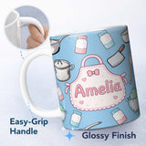 Personalized Custom Name Kawaii Kitchen Utensils and Apron on Light Blue Seamless Pattern 11oz Ceramic Coffee Tea Mug White Large Handle