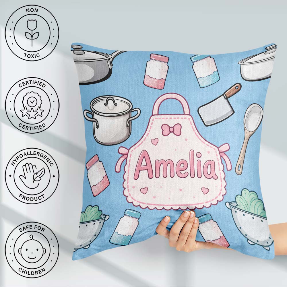 Custom Name Kawaii Utensils Apron on Light Blue Seamless Pattern Square Filled Cushion Throw Pillow Sofa Bed Home Decor Zip Washable UK Made