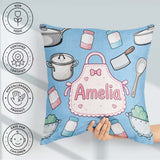 Custom Name Kawaii Utensils Apron on Light Blue Seamless Pattern Square Filled Cushion Throw Pillow Sofa Bed Home Decor Zip Washable UK Made