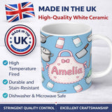 Personalized Custom Name Kawaii Kitchen Utensils and Apron on Light Blue Seamless Pattern 11oz Ceramic Coffee Tea Mug White Large Handle