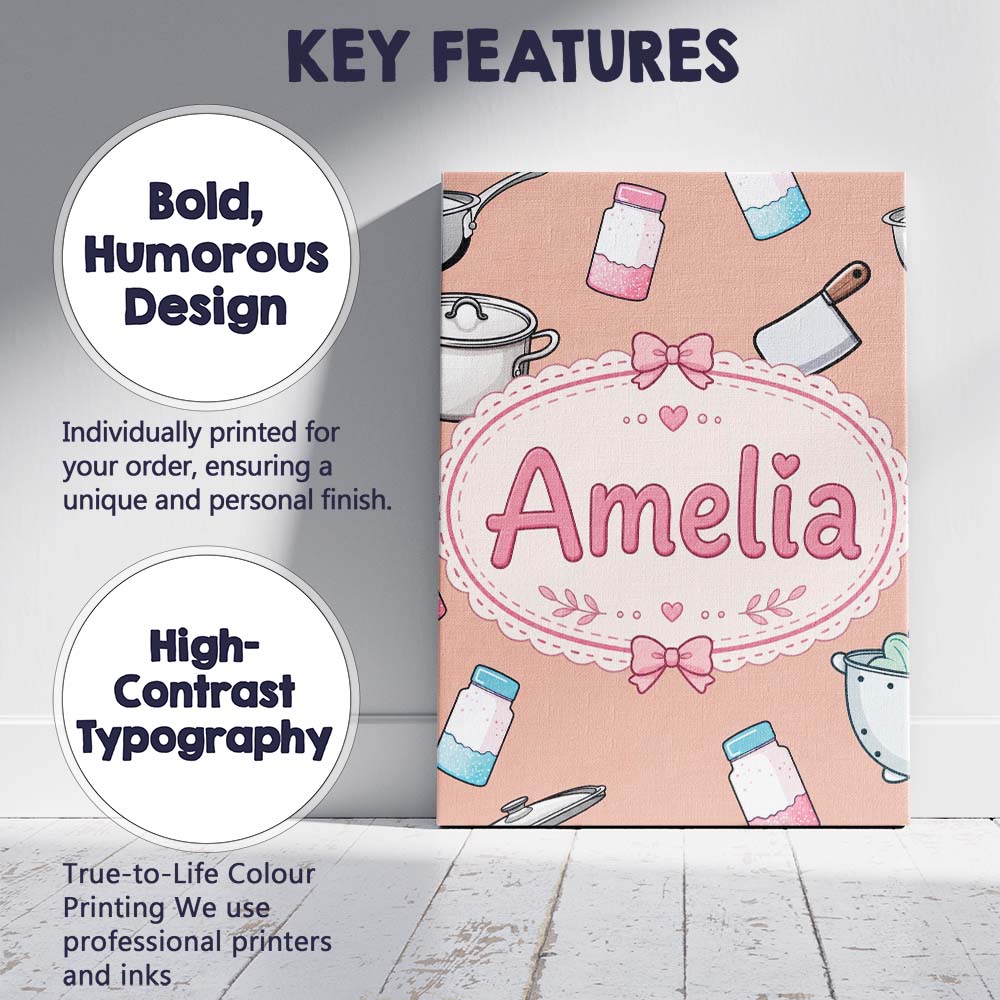 Personalised Name Kawaii Utensils Apron and Custom  Bespoke Interior Contemporary Canvas Wall Art Print Decor Picture Ready to Hang