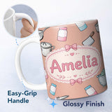 Personalized Custom Name Kawaii Kitchen Utensils Apron and Cooking Tools on Peach Seamless 11oz Ceramic Coffee Tea Mug White Large Handle