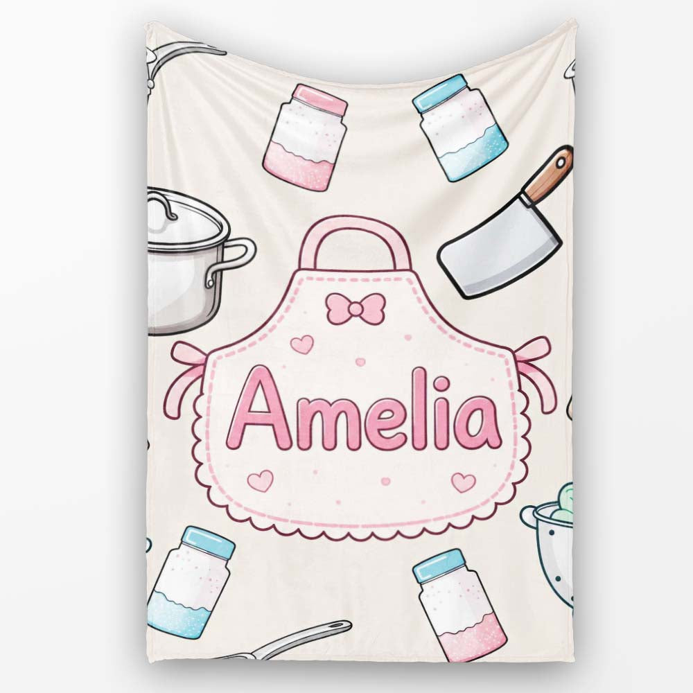 Kawaii  Utensils Apron and Cooking Tools on Neutral Seamless  Personalised Custom Name Super Soft Fleece Blanket Bed Sofa Throw