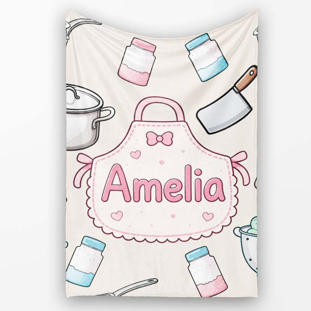 Kawaii  Utensils Apron and Cooking Tools on Neutral Seamless  Personalised Custom Name Super Soft Fleece Blanket Bed Sofa Throw