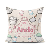 Custom Name Utensils Apron and Cooking Tools on Neutral Seamless Square Filled Cushion Throw Pillow Sofa Bed Home Decor Zip Washable UK Made