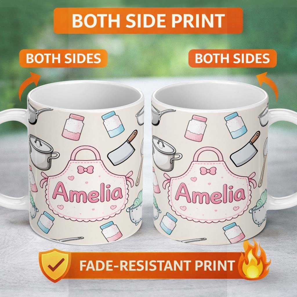 Personalized Custom Name Kawaii Kitchen Utensils Apron and Cooking Tools on Neutral Seamless 11oz Ceramic Coffee Tea Mug White Large Handle