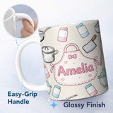Personalized Custom Name Kawaii Kitchen Utensils Apron and Cooking Tools on Neutral Seamless 11oz Ceramic Coffee Tea Mug White Large Handle