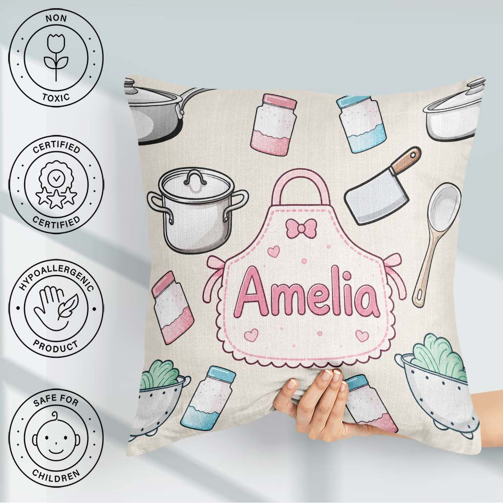 Custom Name Utensils Apron and Cooking Tools on Neutral Seamless Square Filled Cushion Throw Pillow Sofa Bed Home Decor Zip Washable UK Made