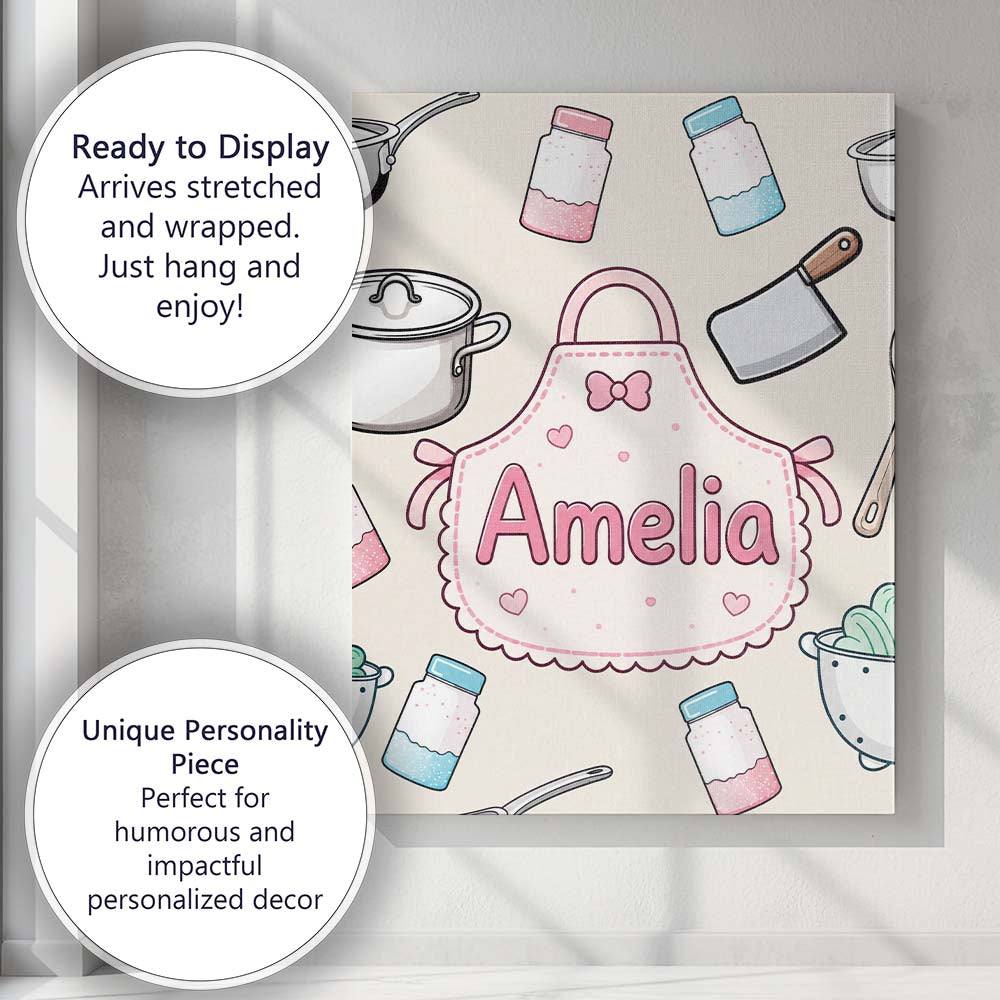 Personalised Name Kawaii Utensils Apron and Custom  Bespoke Interior Contemporary Canvas Wall Art Print Decor Picture Ready to Hang