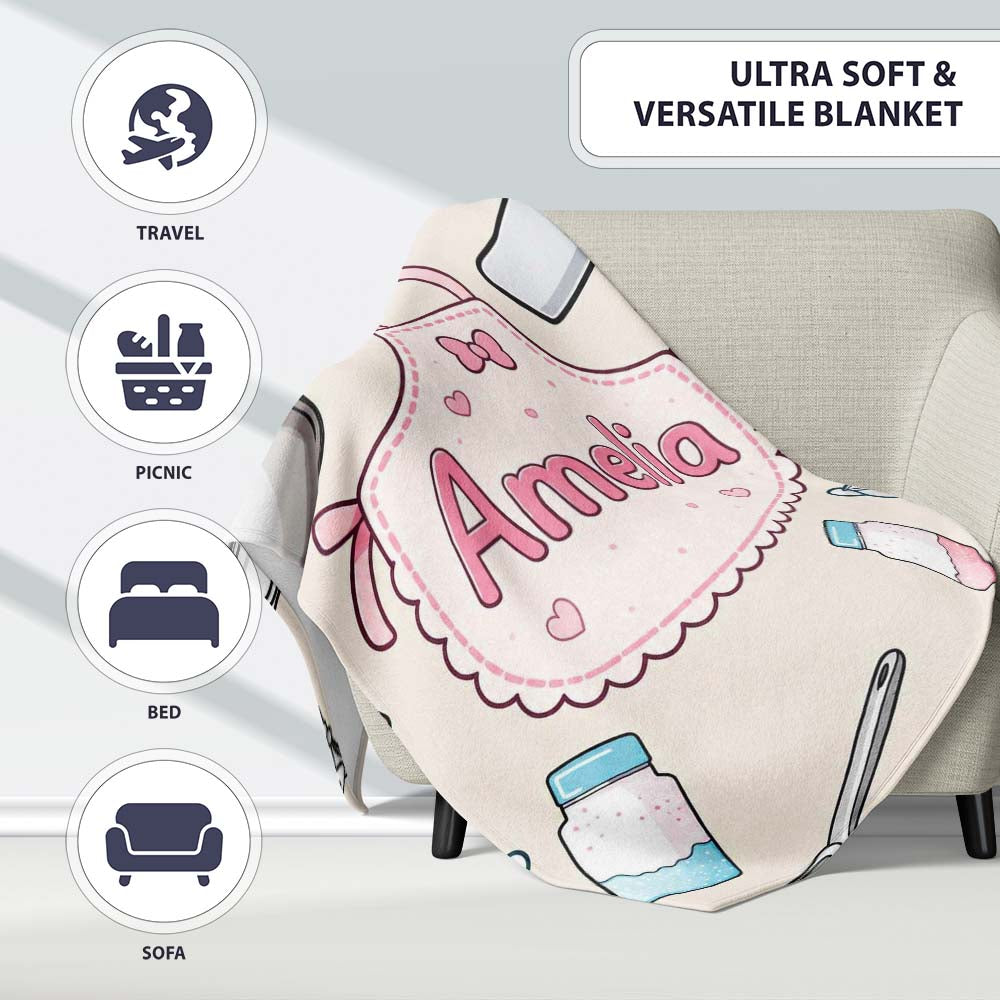 Kawaii  Utensils Apron and Cooking Tools on Neutral Seamless  Personalised Custom Name Super Soft Fleece Blanket Bed Sofa Throw