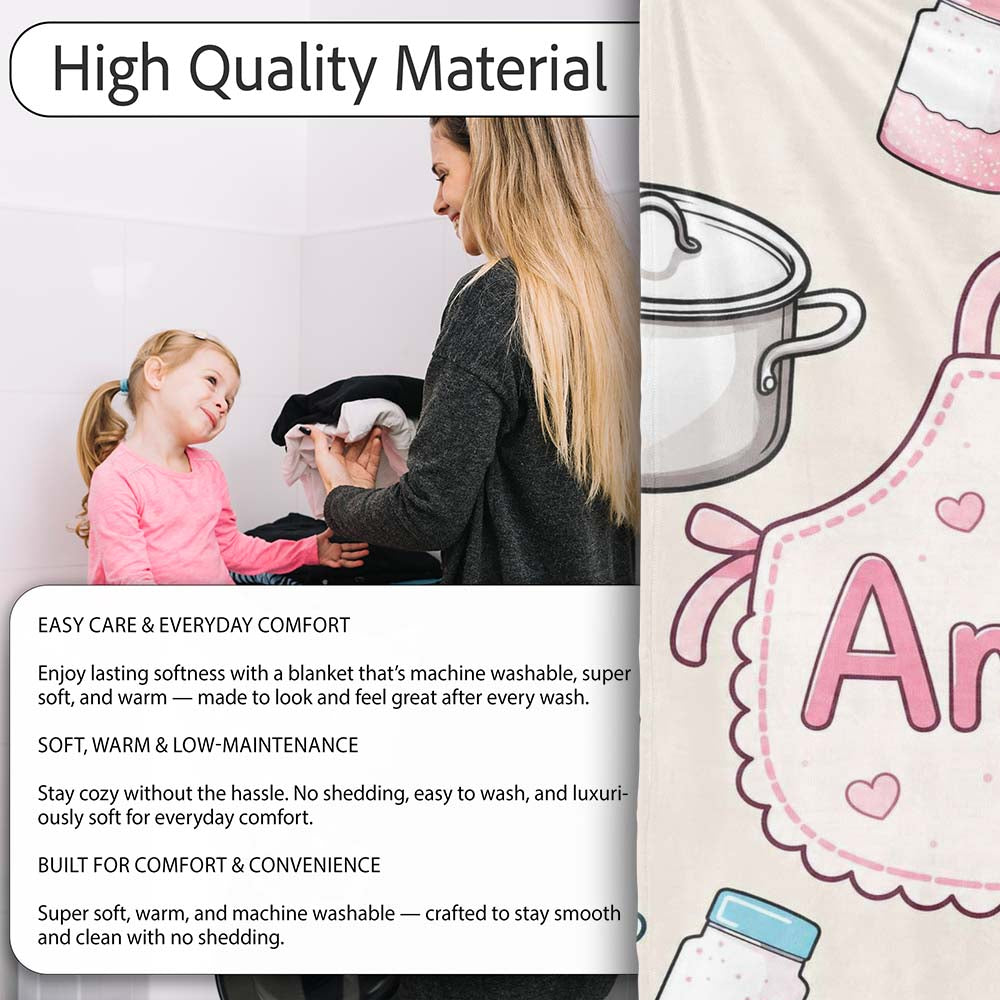 Kawaii  Utensils Apron and Cooking Tools on Neutral Seamless  Personalised Custom Name Super Soft Fleece Blanket Bed Sofa Throw