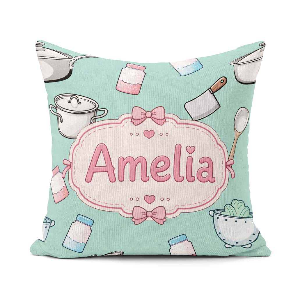 Custom Name Kawaii Utensils Apron Cooking Tools on Mint Seamless Square Filled Cushion Throw Pillow Sofa Bed Home Decor Zip Washable UK Made