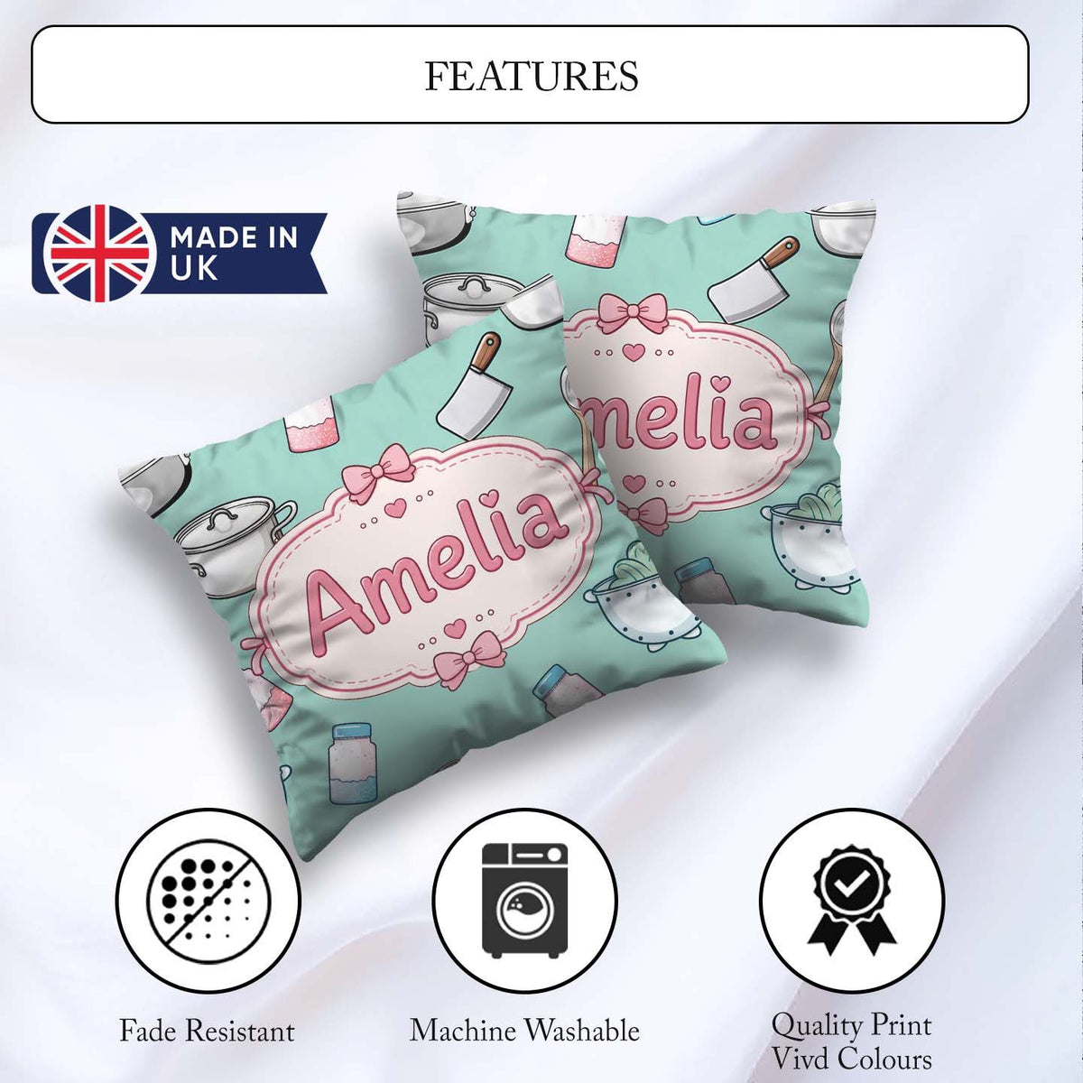 Custom Name Kawaii Utensils Apron Cooking Tools on Mint Seamless Square Filled Cushion Throw Pillow Sofa Bed Home Decor Zip Washable UK Made