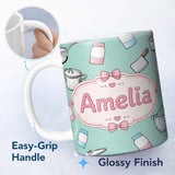 Personalized Custom Name Kawaii Kitchen Utensils Apron and Cooking Tools on Mint Seamless 11oz Ceramic Coffee Tea Mug White Large Handle