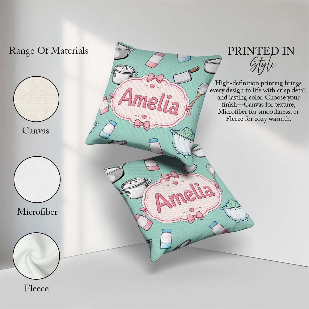 Custom Name Kawaii Utensils Apron Cooking Tools on Mint Seamless Square Filled Cushion Throw Pillow Sofa Bed Home Decor Zip Washable UK Made
