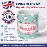 Personalized Custom Name Kawaii Kitchen Utensils Apron and Cooking Tools on Mint Seamless 11oz Ceramic Coffee Tea Mug White Large Handle