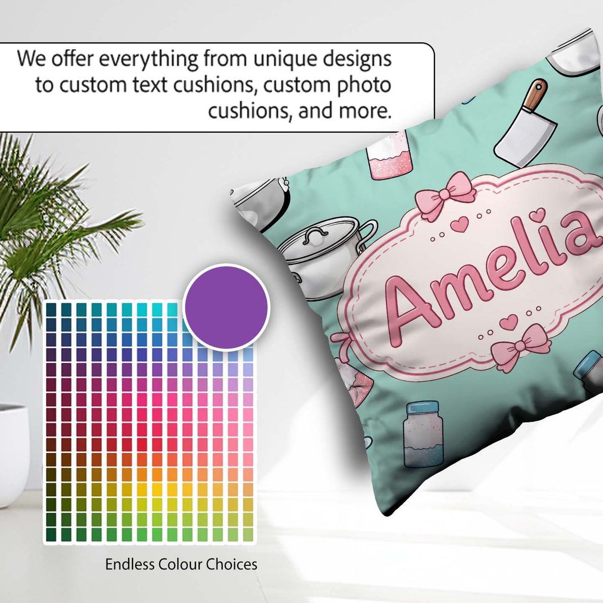 Custom Name Kawaii Utensils Apron Cooking Tools on Mint Seamless Square Filled Cushion Throw Pillow Sofa Bed Home Decor Zip Washable UK Made