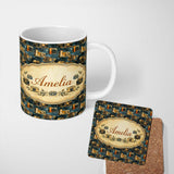 Personalized Custom Name Grunge Vintage Camera Pattern with Dark Blue Textured Background 11oz Ceramic Coffee Tea Mug White Large Handle