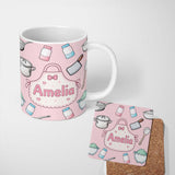Personalized Custom Name Kawaii Kitchen Utensils Apron and Cooking Tools on Soft Pink 11oz Ceramic Coffee Tea Mug White Large Handle