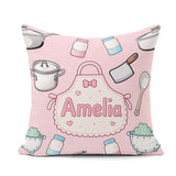 Custom Name Kawaii Utensils Apron and Cooking Tools on Soft Pink Square Filled Cushion Throw Pillow Sofa Bed Home Decor Zip Washable UK Made